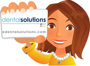 Cartoon woman holding up Dental Solutions card towards viewer