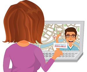 Cartoon woman using laptop with doctor on Google Map style map